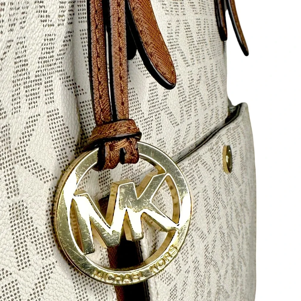 Michael Kors Vanilla MK Signature Logo Jet Set Tote Bag Brown Leather Straps NWT - Picture 8 of 13